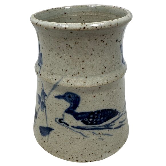Carole Beal Art Pottery Mug 4" Speckled Gray Duck & Flowers Decorative Round - Picture 2 of 8